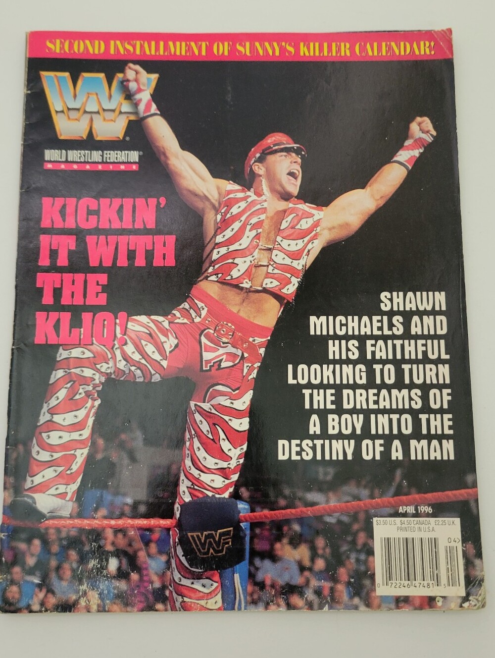 WWF Magazine April 1996 Shawn Michaels Has Poster, Sunny Calendar & Cards.